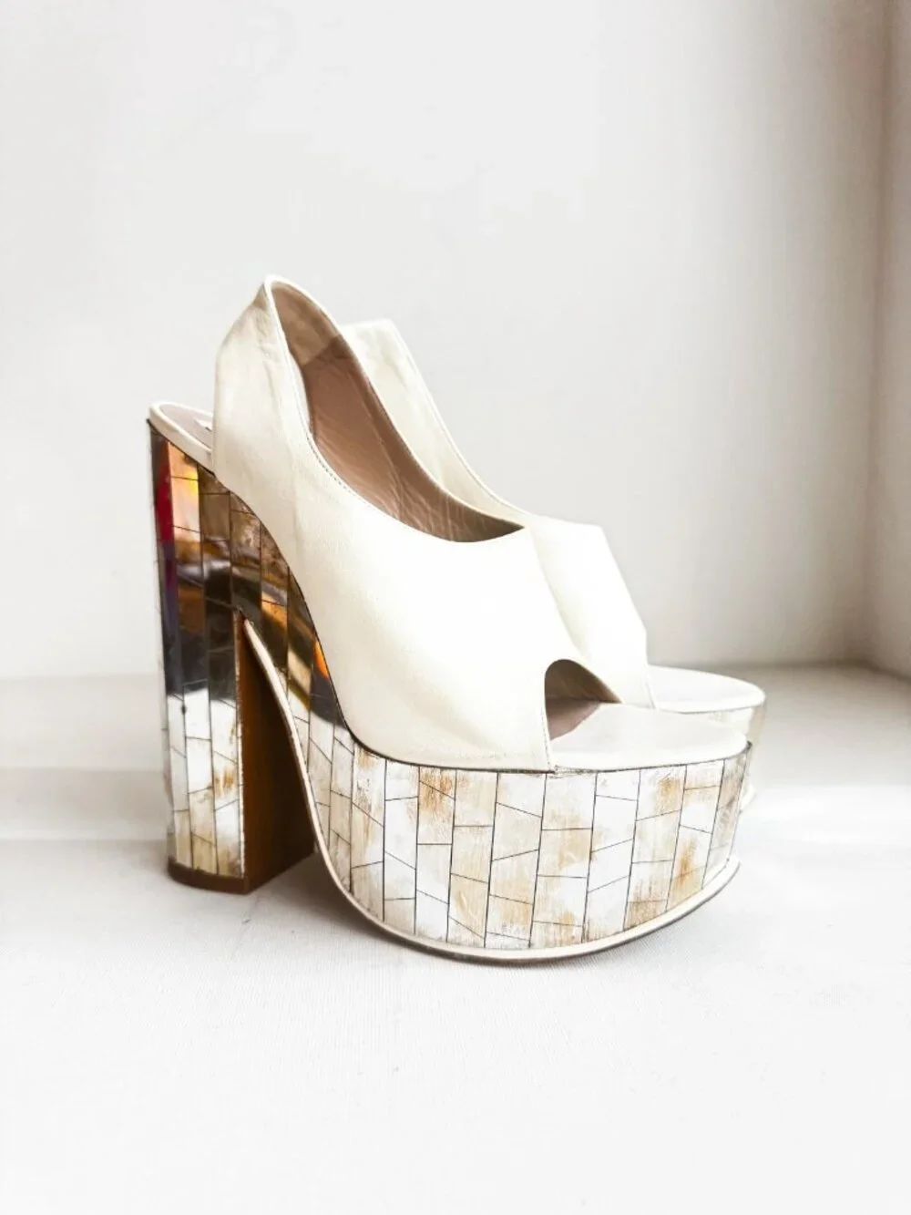 Rochas RUNWAY White Leather Mirror " Disco" Sandals Chunky Heel 39 - Picture 3 of 11
